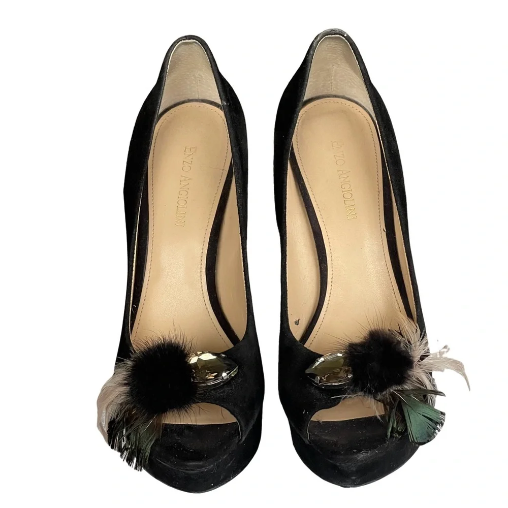 Enzo Angiolini Black Jeweled Black Suede Chunky Heel Platform Pumps. Size 9